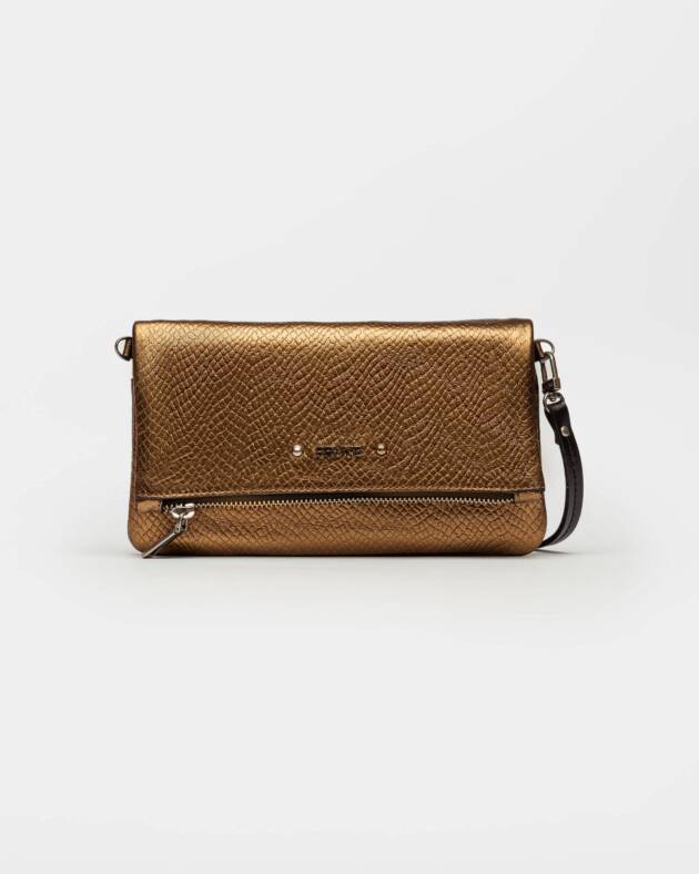 PRÜNE MINI BAG HONEY EN CUERO SNAKE PRINT METALIZADO